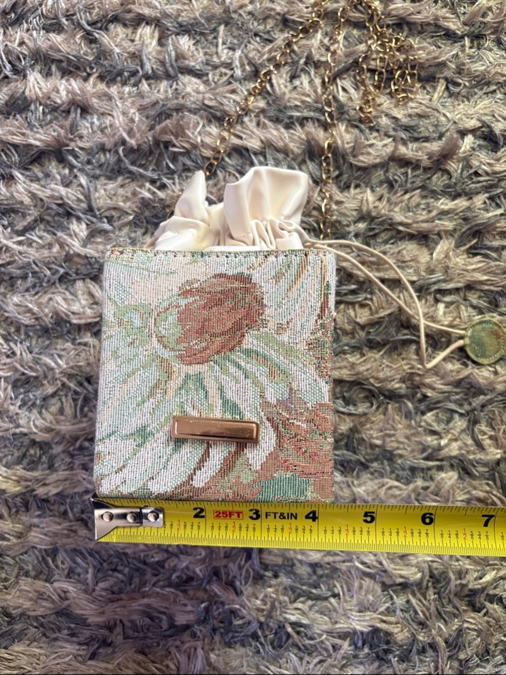 New Floral Tapestry Drawstring Mini Box Bag in Cream Brown and Green - Picture 9 of 12